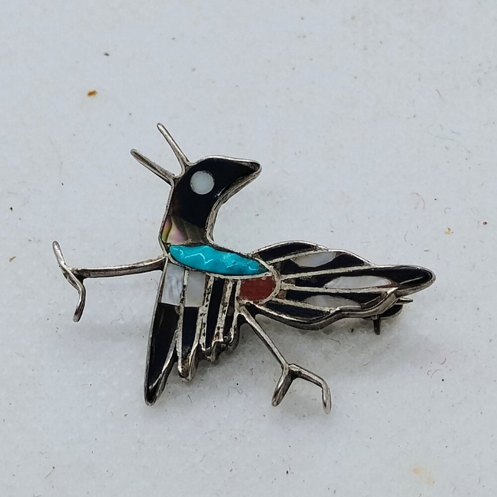 Vtg Zuni Inlay Roadrunner Brooch Pin Silver Onyx Turquoise Coral Mother O Pearl - Picture 4 of 5